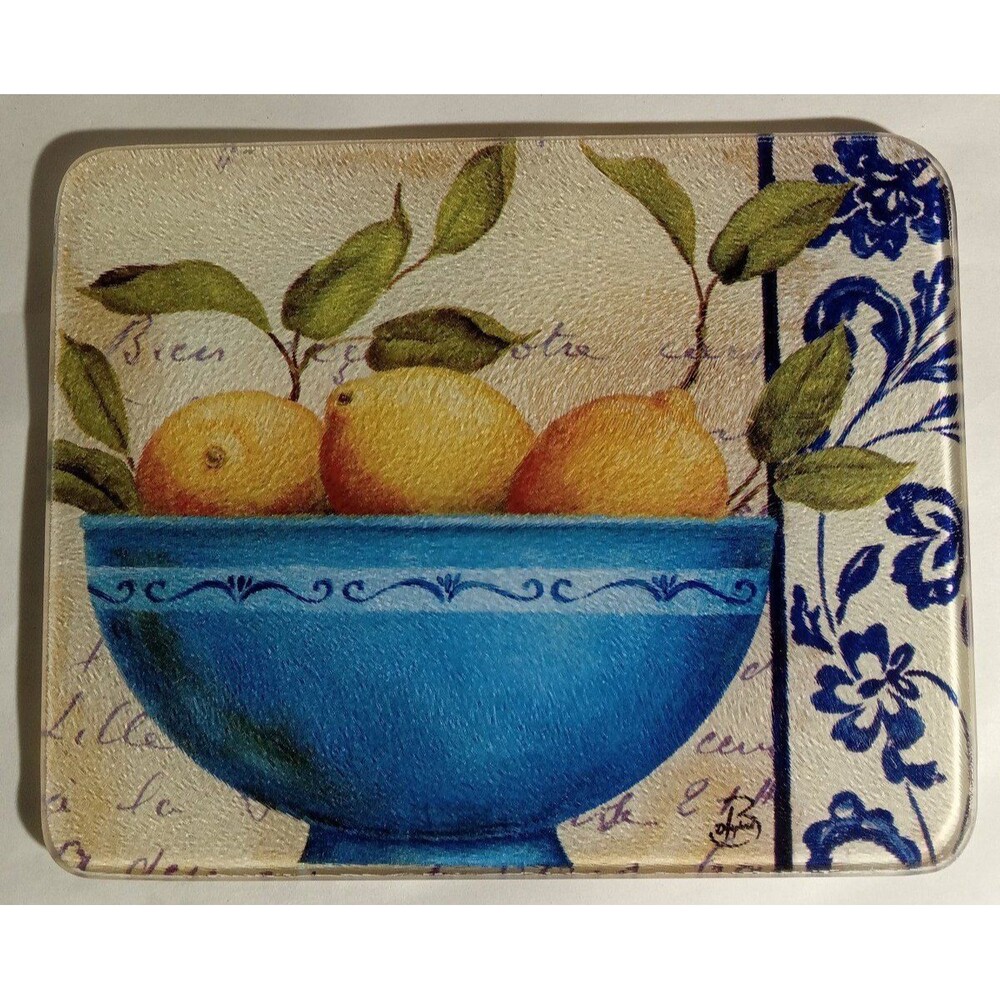 Vintage Citrus Floral 10"×8" Glass Tile Signed